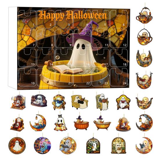 2025 Halloween 2D Ghost Reading Ornament Countdown Set 24 Days Advent Calendar Stained Glass Window Hanging Suncatchers for Home Decor