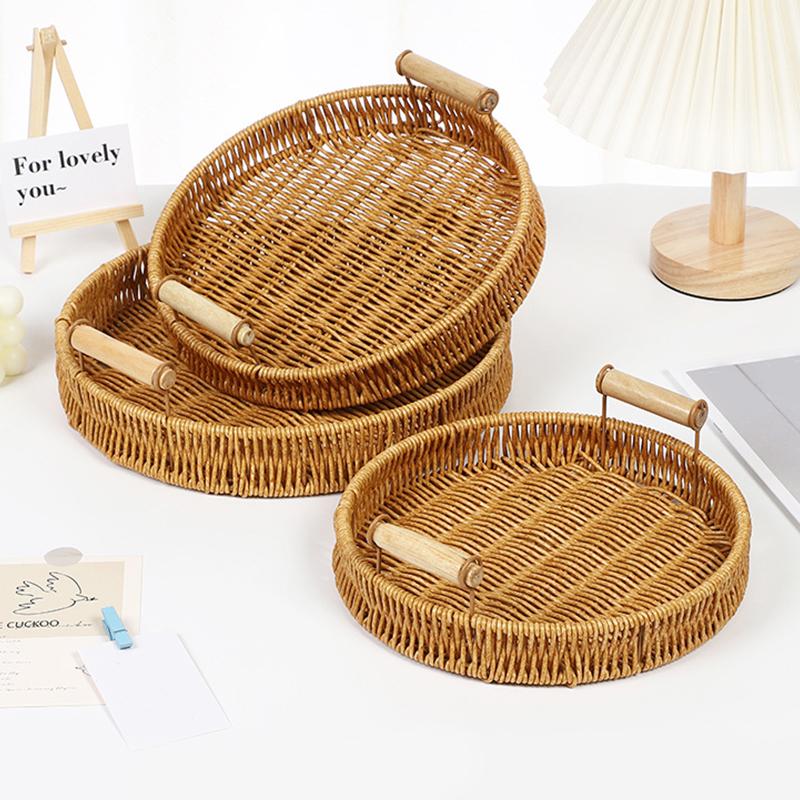 1Pc Plastic Tray Sundry Organizer Tray With Wooden Handle Desktop Decoration Storage Tray Jewelry Placement