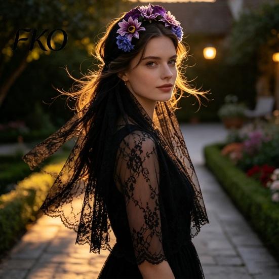 Lace Headband Gothic Style Hair Hoop, Hollow See-Through with Simulated Flowers And Black Veil Veil, Halloween Day of The Dead Party Accessories