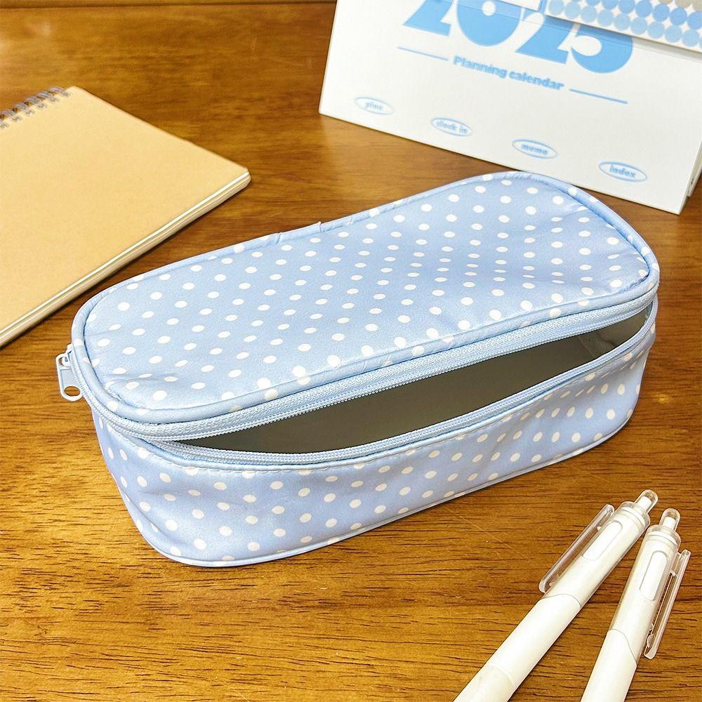 Multifunctional Plaid/Polka Dot Patterns Storage Bag Large Capacity Portable Makeup Bag Double Zipper Pencil Pouch