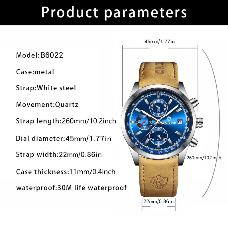 Luxury Brand New Fashion Men's Watches Real leather Strap Waterproof Sport Quartz Chronograph Military Watch Men Clock