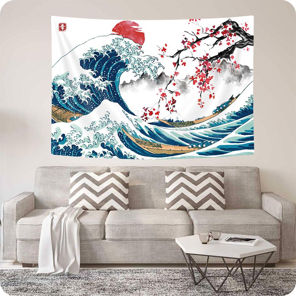 Japanese Wave Tapestry  Flat Printed Cool Anime Style Red Mountain Sun  Sakura Ocean Wall Hanging for Room Decor