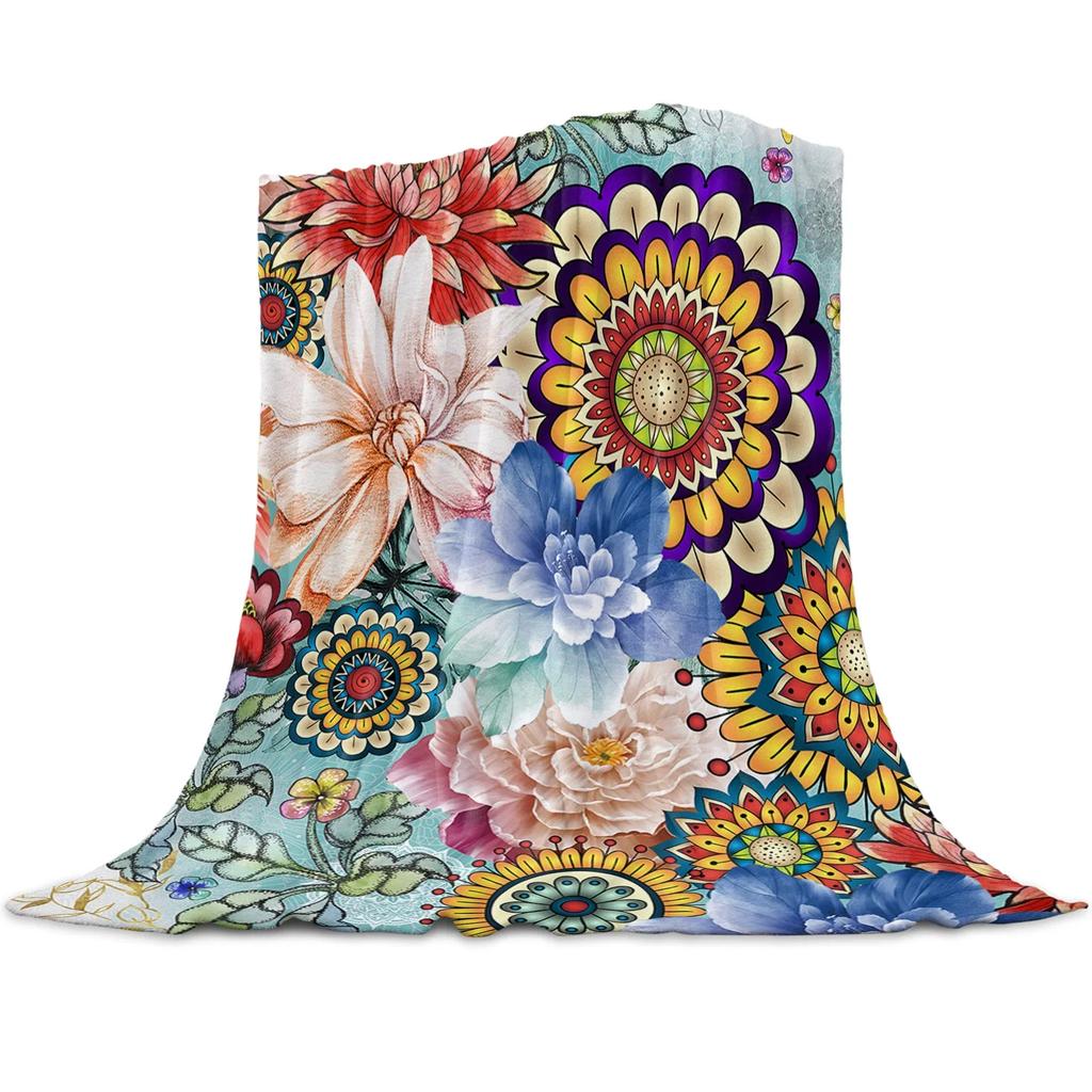 Blue Flower Watercolor Painting Throw Blanket Portable Soft Sofa Blanket Warm Flannel Blanket for Beds Sofa Couch King Full Size