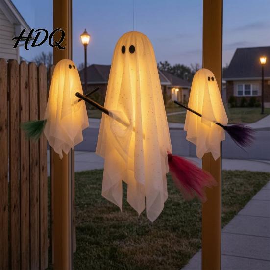 Decorative Ghost for Trees 3 Pcs Halloween Decorations Spooky Hanging with Broom Cozy Glow Lighting Large Flying White Tree Porch Yard Patio