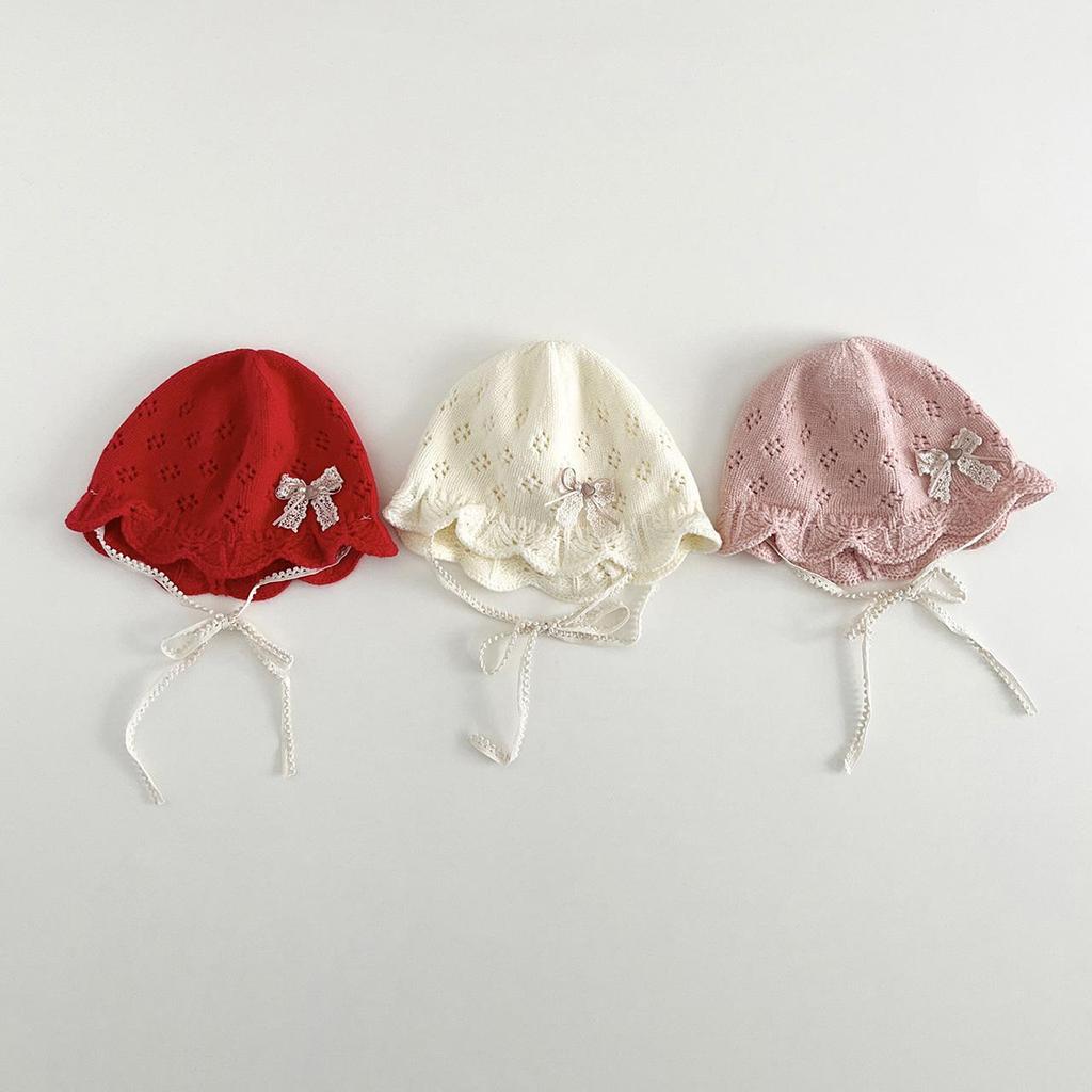 Knitted Woolen Warm Basin Cap for Baby Girls Solid Color Ruffle Brim Fisherman Hats Crochet Lace Princess Bow Crochet Basin Hat