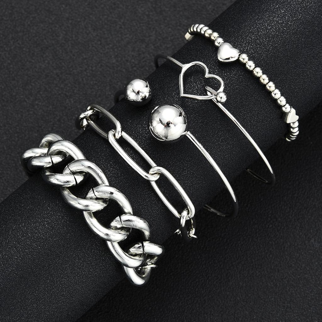 5pcs Vintage Exaggerated Minimalist Heart Bracelet Set Boho Chunky Silver Color Thick Chain Bead Bracelets For Women Jewelry New