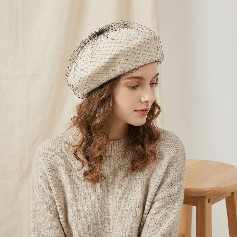 Met Gaas Vizier Gaas Wol Baret Net Beanie Pet Mode Schildersmuts Dames