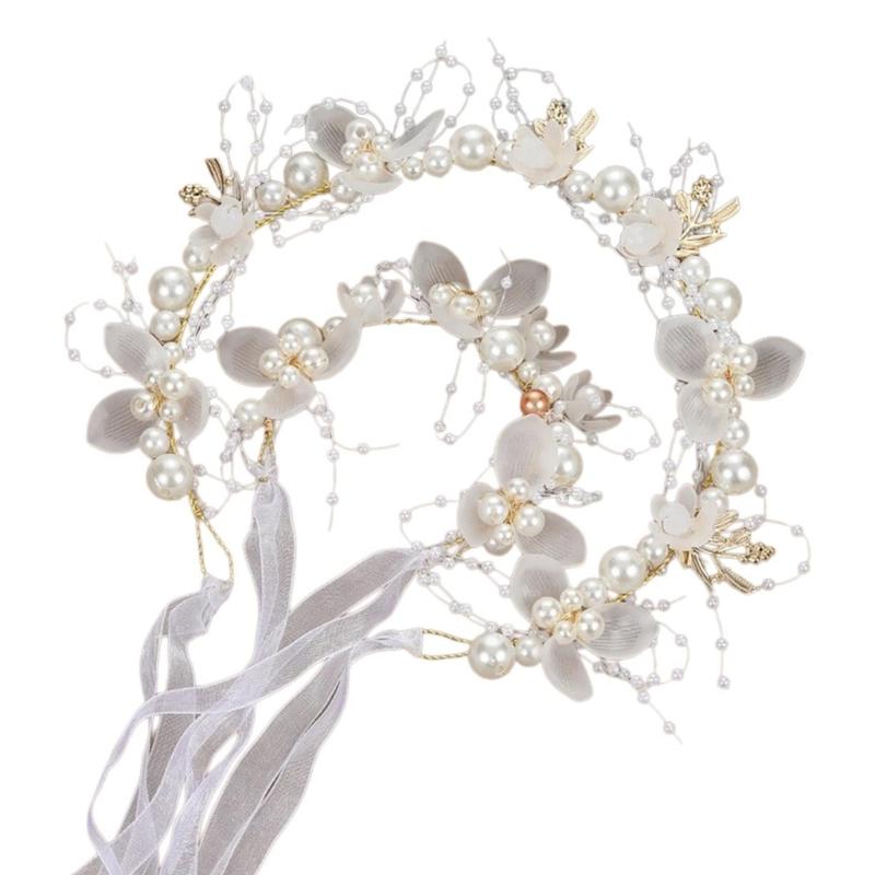 

Flower Girl Tiaras Headband with Wrist Flower Artificial Pearls Flower Hairhoop For Wedding Dress And Formal Occasion білий