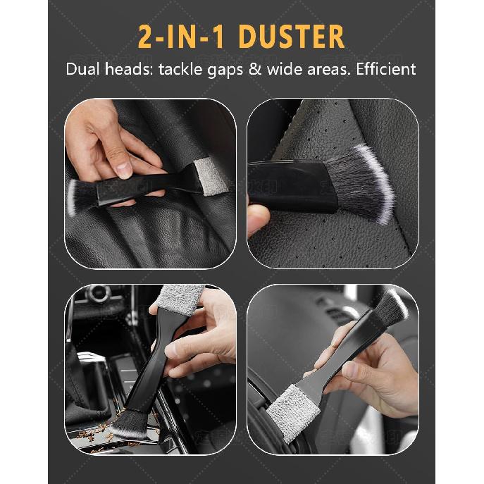 3PCS Interior Detailing Kit, Soft Dual Head Scratch-Free Brush Set | Trilobal Bristle & Curved Design, Dashboard Vent Crevice Tool, Auto & Household
