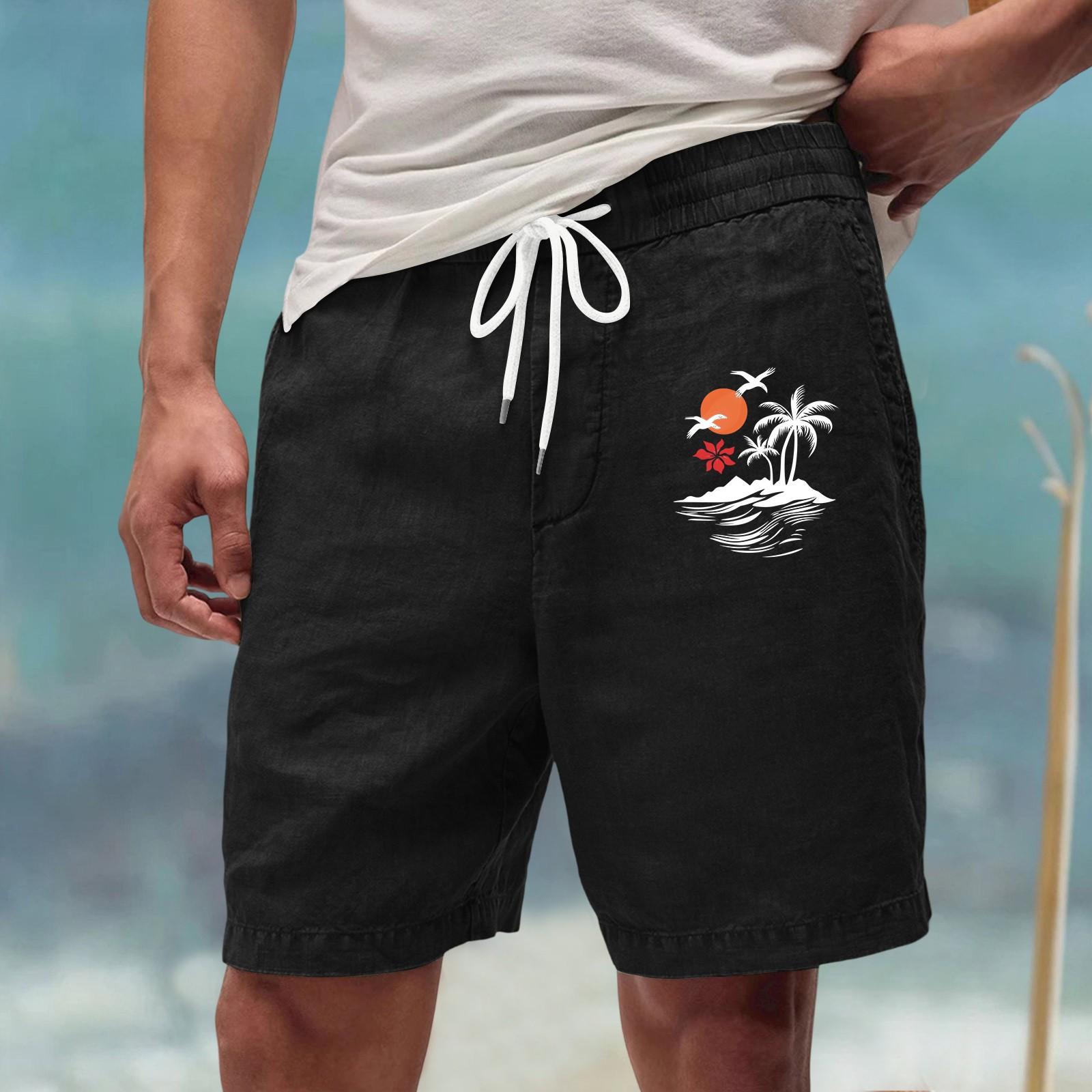 

Men s Summer Loose Fit Casual Drawstring Shorts Lightweight Imitation Linen Fabric with Beach Print and Elastic Waistband for Outdoor Sports XXL чорний