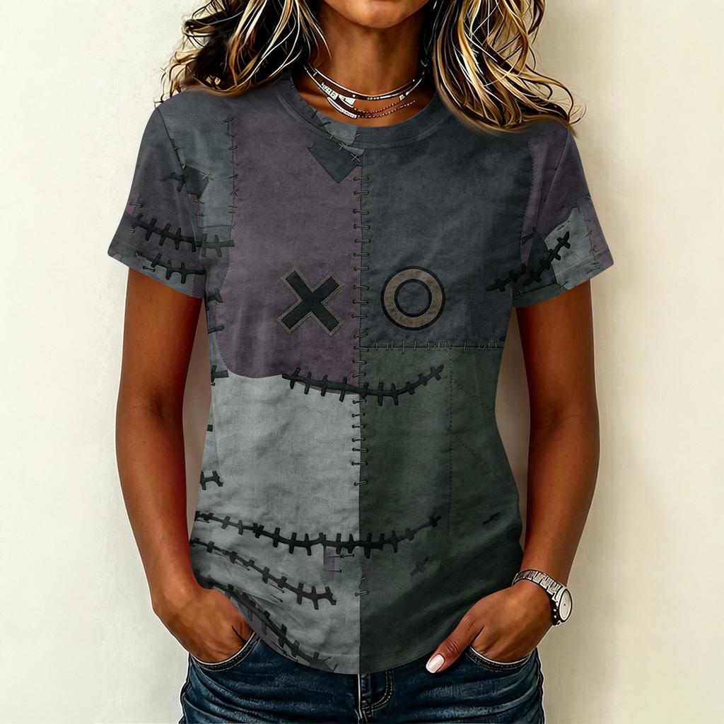 Women Casual Short Sleeve Pullover T Shirt Halloween Print Top Crew Neck Stitch Design Lightweight Soft Fabric Relaxed Fit