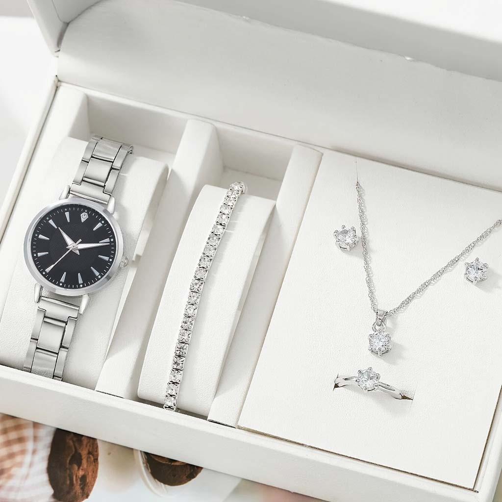 Elegant Zircon Jewelry Set: Round Six-Prong Bracelet, Ring, Necklace, and Earring Options