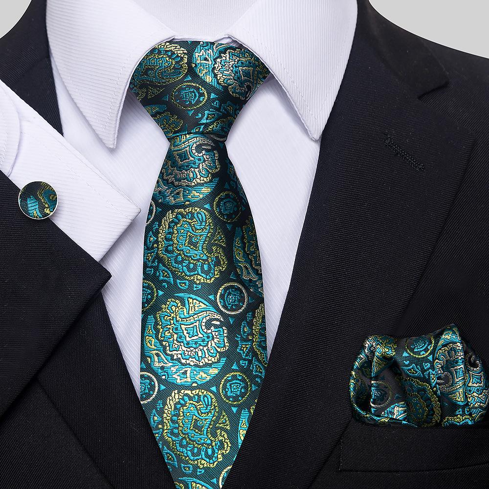 Korean Version Of Casual Floral Tie Men'S Jacquard Polyester Silk Pocket Towel Cufflink Tie Set