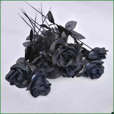 10pcs/Set  Artificial Black Single Rose Bouquet Halloween Ghost Festival Horror Gothic Style Dark Series Decorative Fake Flowers