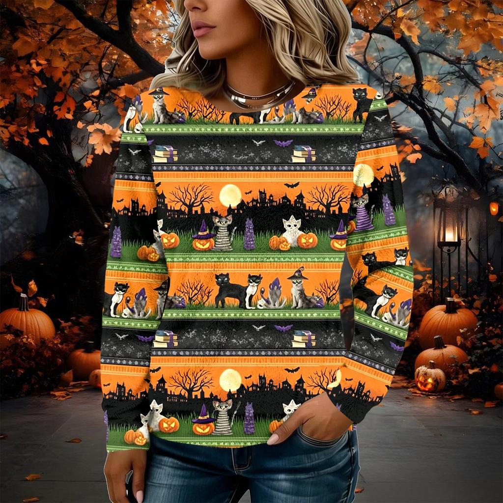 Women's Flannel Long Sleeve Top with Halloween Print Neck Pullover Shirt