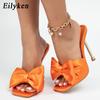 Fashion Eilyken New Arrival Silk Butterfly-knot High Heels Women Slippers Square Toe Mule Slippers Slides Party Pumps Shoes