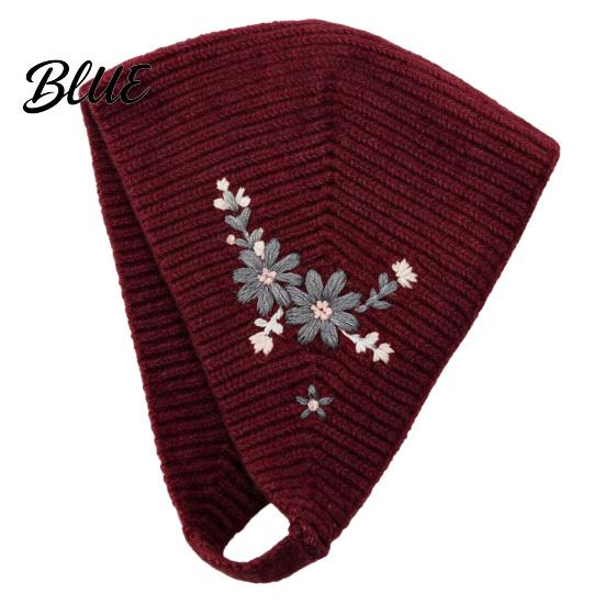 Windproof Warm Headwear Embroidered Knitted Headband Cap Vintage Soft Woolen Ear Versatile Street Photography Hat Warmer Floral Headwrap for