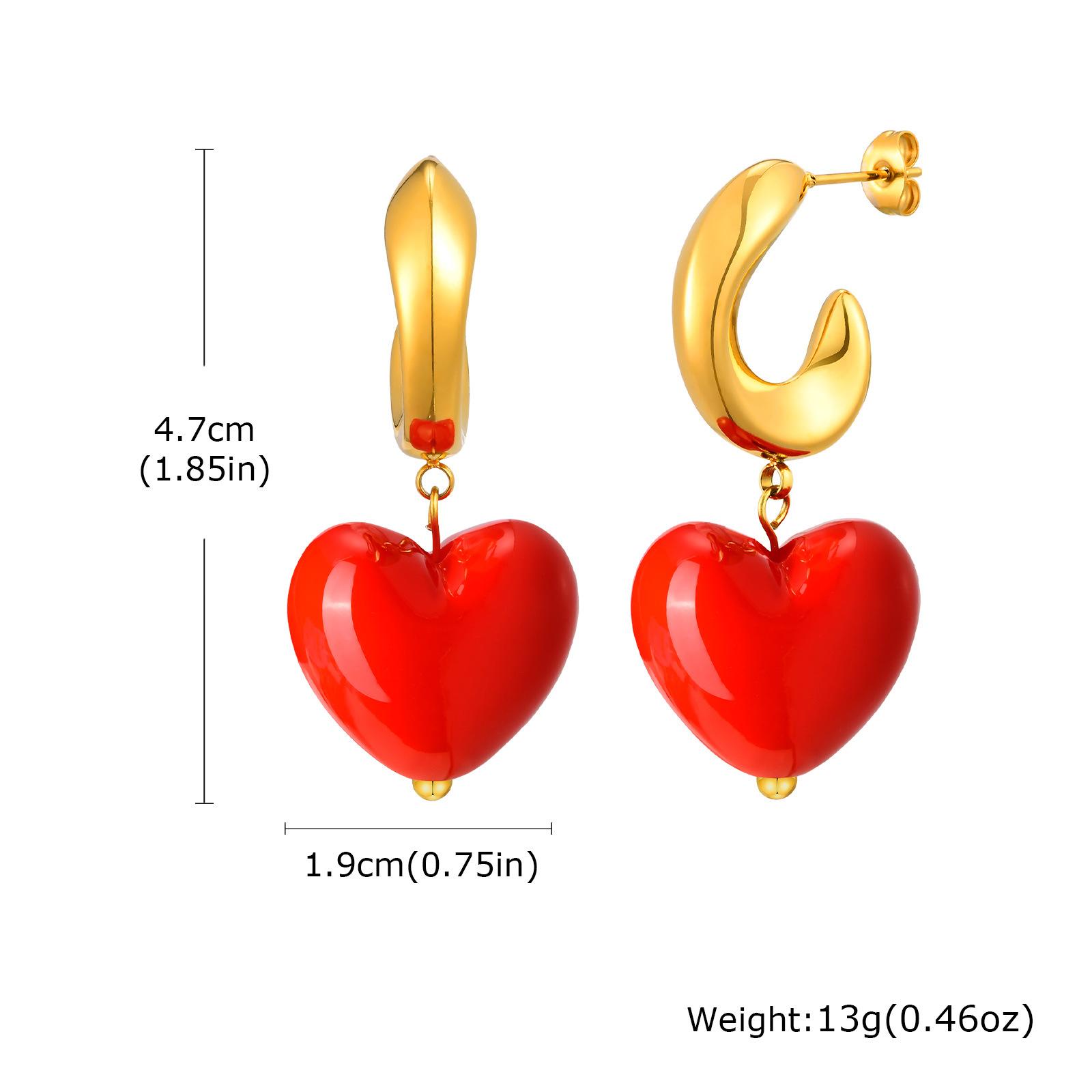 Fashion Accessories, Stainless Steel Hollow C-Shaped Red Acrylic Heart-Shaped Gold Earrings Women s 818