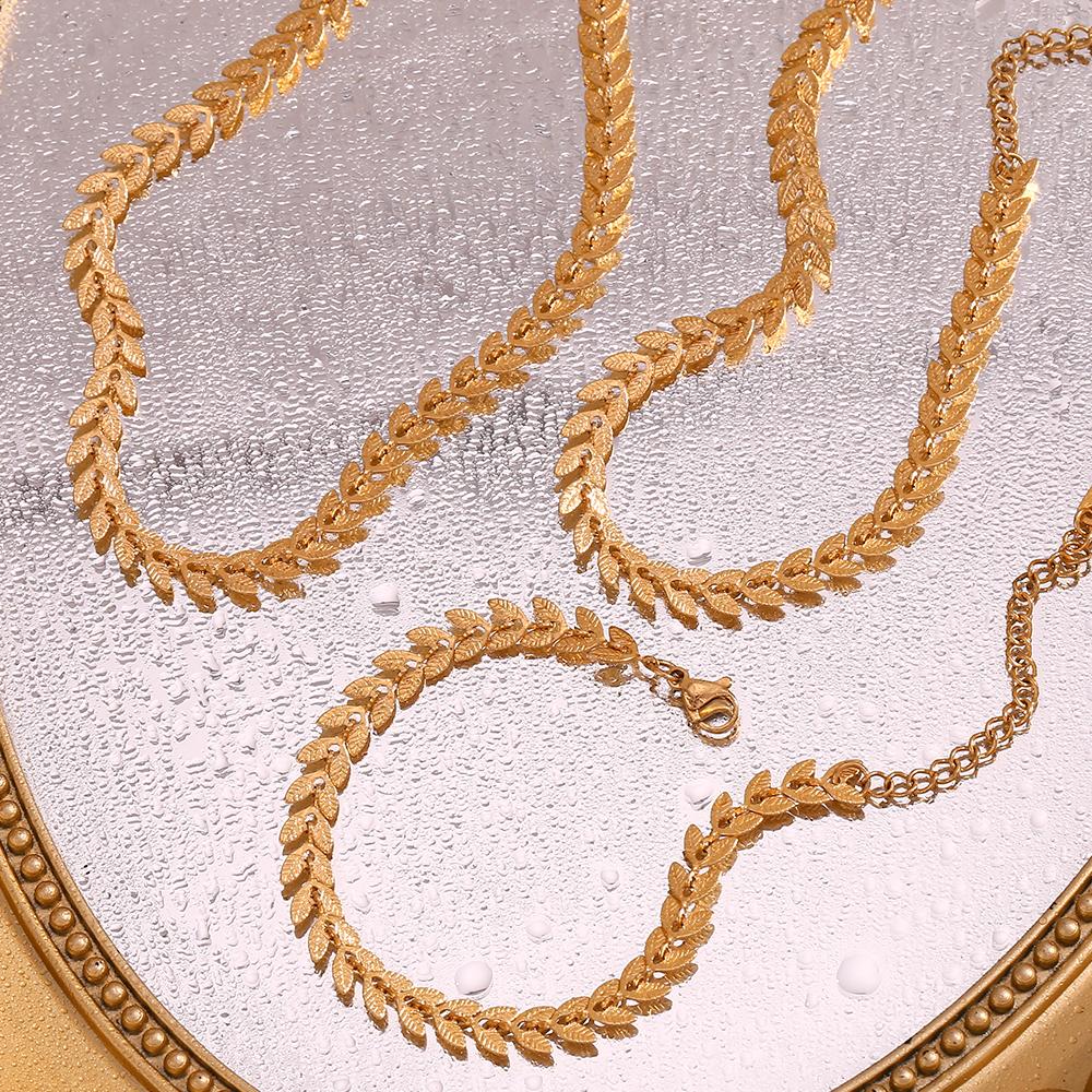 MamacitaSlay 316L Stainless Steel Leaf Chain Necklace Bracelet 18K Gold Plated Waterproof Jewelry For Women Trendy Jewelry Set
