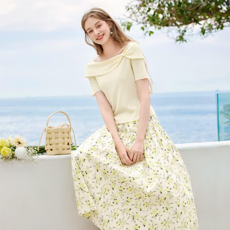 Xiangying Women's Off-Shoulder Bow Knit Top
