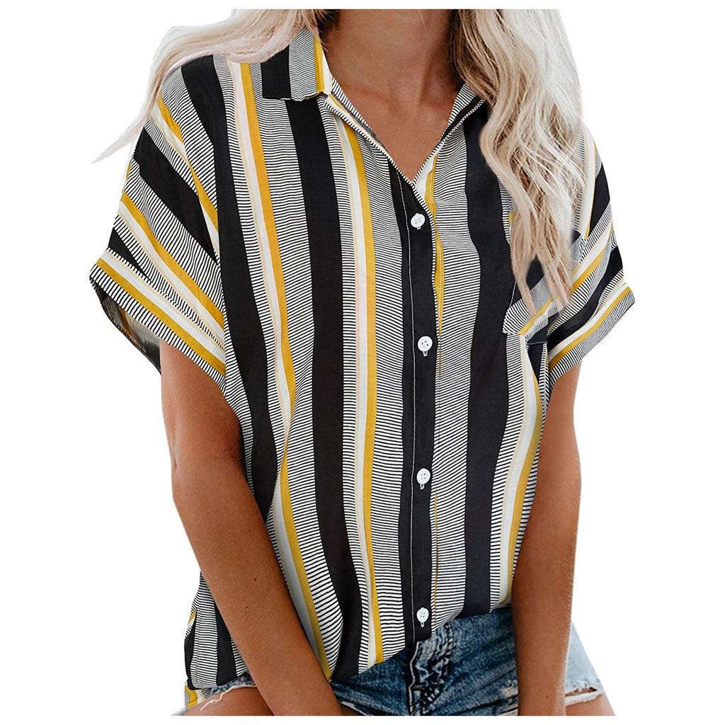 Women Casual Stripe Print V-neck Pocket Short  Sleeve Tops Blouse T-shirt