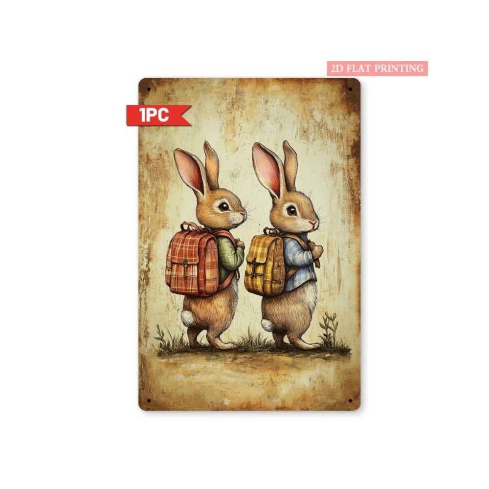 Tin Sign Retro Easter Rabbit Floral Wall Art Home Holiday Decor Metal Poster