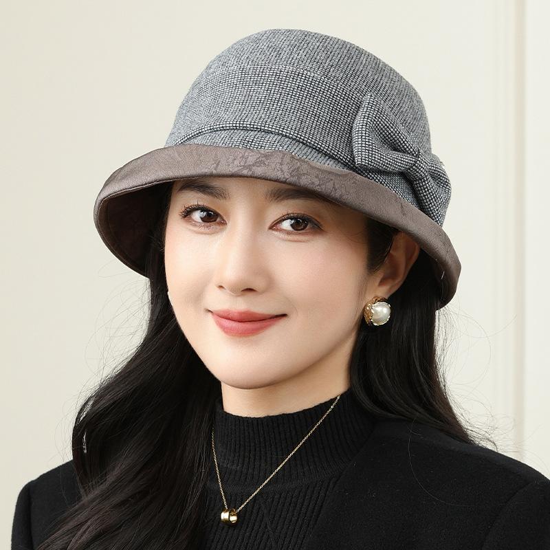 Middle-aged and Elderly Autumn and Winter Versatile Show Small Face Elegant Woolen Fashion Basin Hat Mother Temperament Bow Fisherman Hat