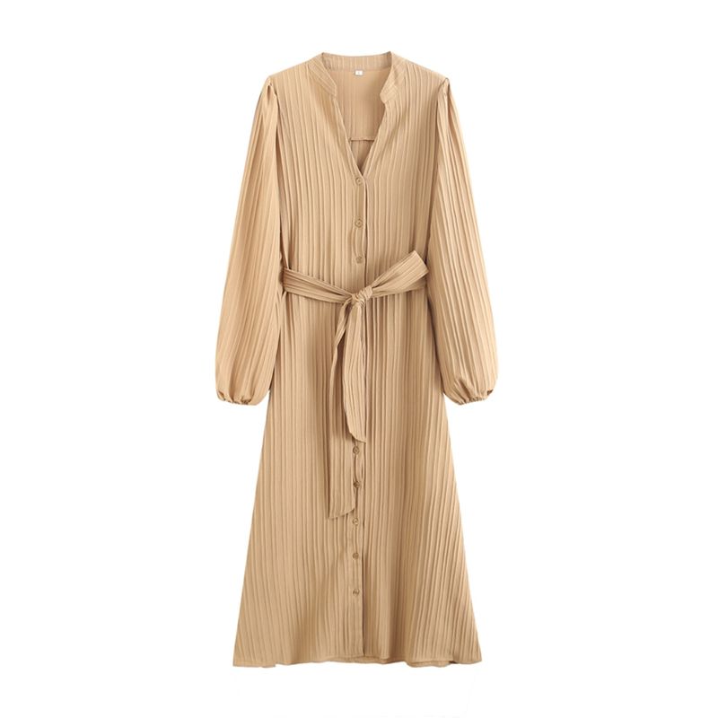Kaslead New Arrival Women's Fashion Style Fashion Pleated Tied V-neck Pure Color Puff Sleeve Dress Long Dress