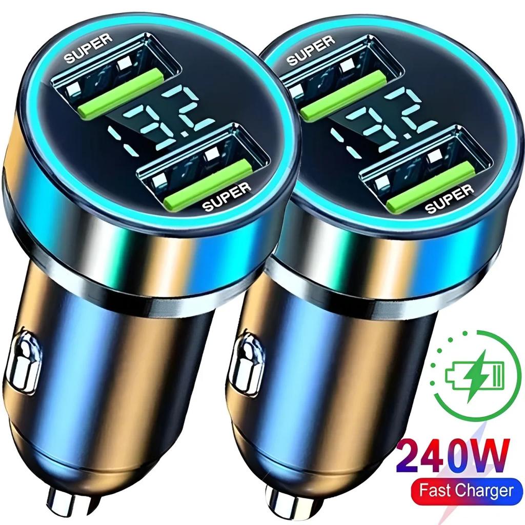 240W Car Charger Fast Charging 2 USB Ports Adapter for IPhone Samsung Xiaomi Quick Charging Chargers with Digital Display