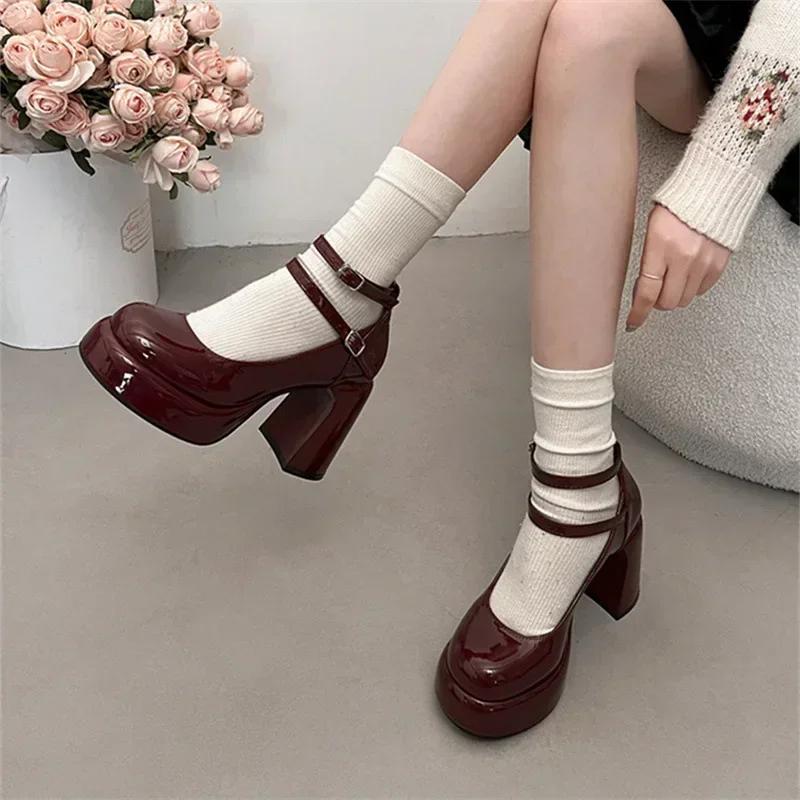 Fashion Women's Platform Chunky Heels High Heels Spring New Fashion Vintage Mary Janes Shoes Classic Double Buckle Wedding Dress Shoes