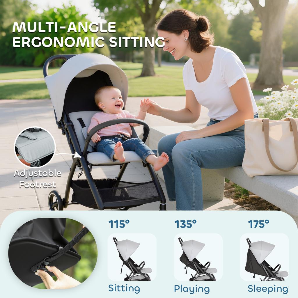 Travel Stroller, Lightweight Pushchair, Compact Buggy with Canopy, Basket and Multi-Position Recline, Light Grey