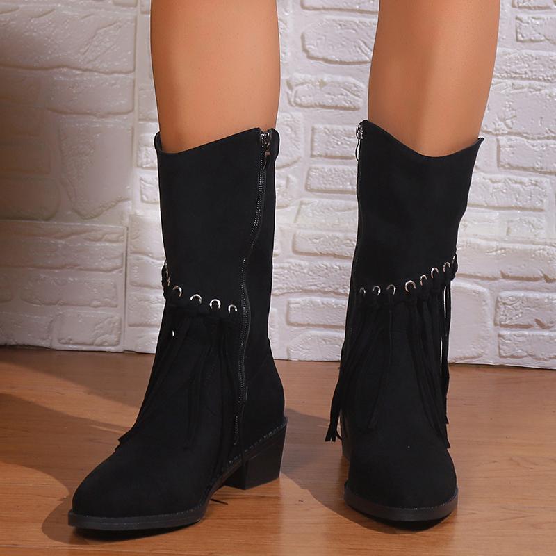 Vintage Tassels Thick Heels Mid Calf Boots Women Autumn Winter Pointed Toe Western Boots Woman Plus Size 43 Zipper Cowboy Botas