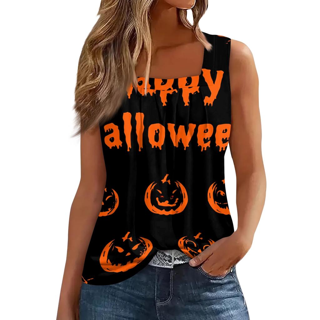 Women Sleeveless Tank Top Square Neck Ruched Halloween Print Casual Summer Blouse Lightweight Comfortable Fit