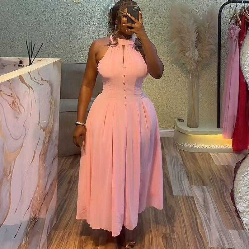 

European American Summer New Elegant Halter Sleeveless Waist-Tight Pink Mid Length Long Length Dress Sleeveless Dress Pink 2XL