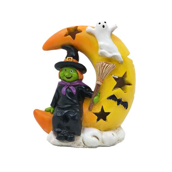 Halloween Decoration Light Up Ghost Pumpkin Witch Moon Figurine Spooky Glowing Resin Statue Tabletop Ornament for Living Room Kitchen Home Decor