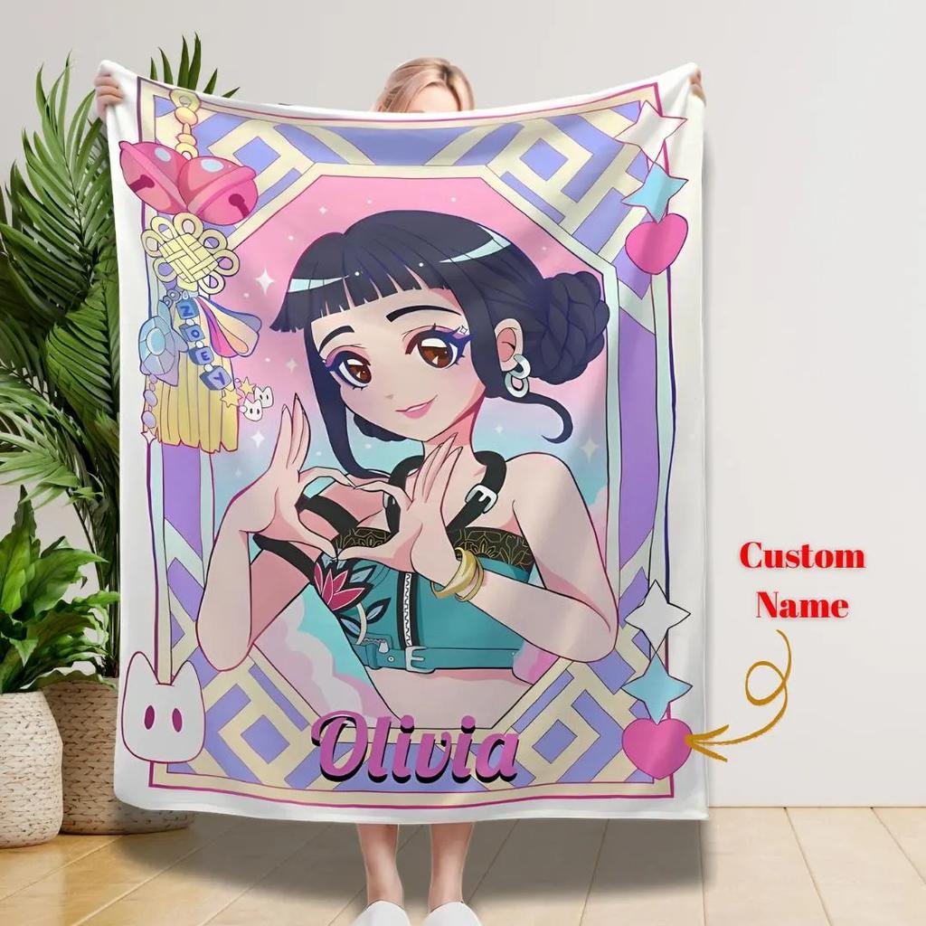 Huntrix Blanket Personalized Kpop Demon Hunter Plush Blanket Custom Design with Huntrix Rumi Mira Zoey Gift for Huntrix Fans