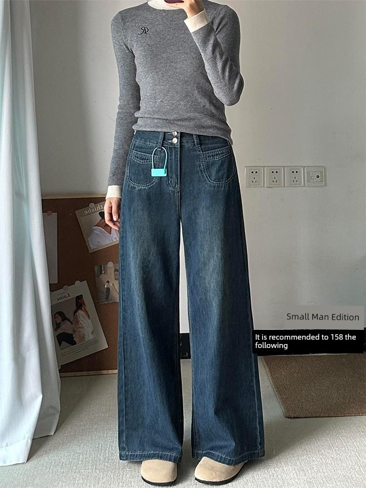 

Pear-Shaped Body Retro Blue Jeans for Women, Plus-Size Early Spring New High-Waisted Slimming Hip-Covering Floor-Length Wide-Leg Pants L синий