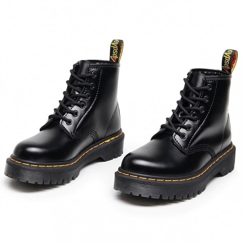 Locomotive Boots Women's 6-hole Open-edged Beads Medium Thick-soled Couple Short Boots Men's and Women's Boots Hard Leather Round