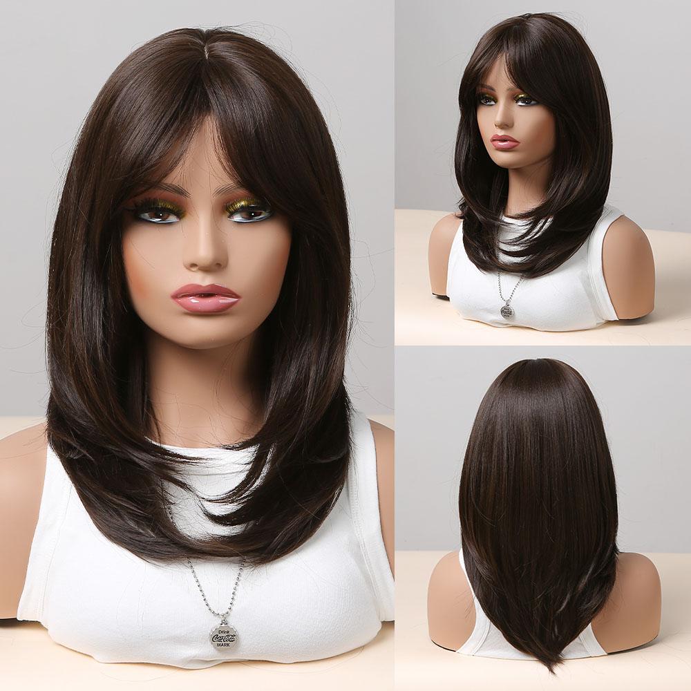 Synthetic Wigs Long Natural Wavy Wig Ombre Brown Golden Highlight Blonde Layered Hair with Side Bangs for Women Heat Resistant