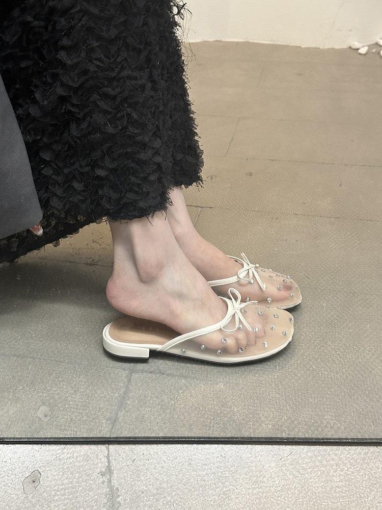 

Темпераментные шлепанцы с плоской подошвой, женские уличные шлепанцы с бантом, балетные, с закрытым носком, крутые шлепанцы 40 белый