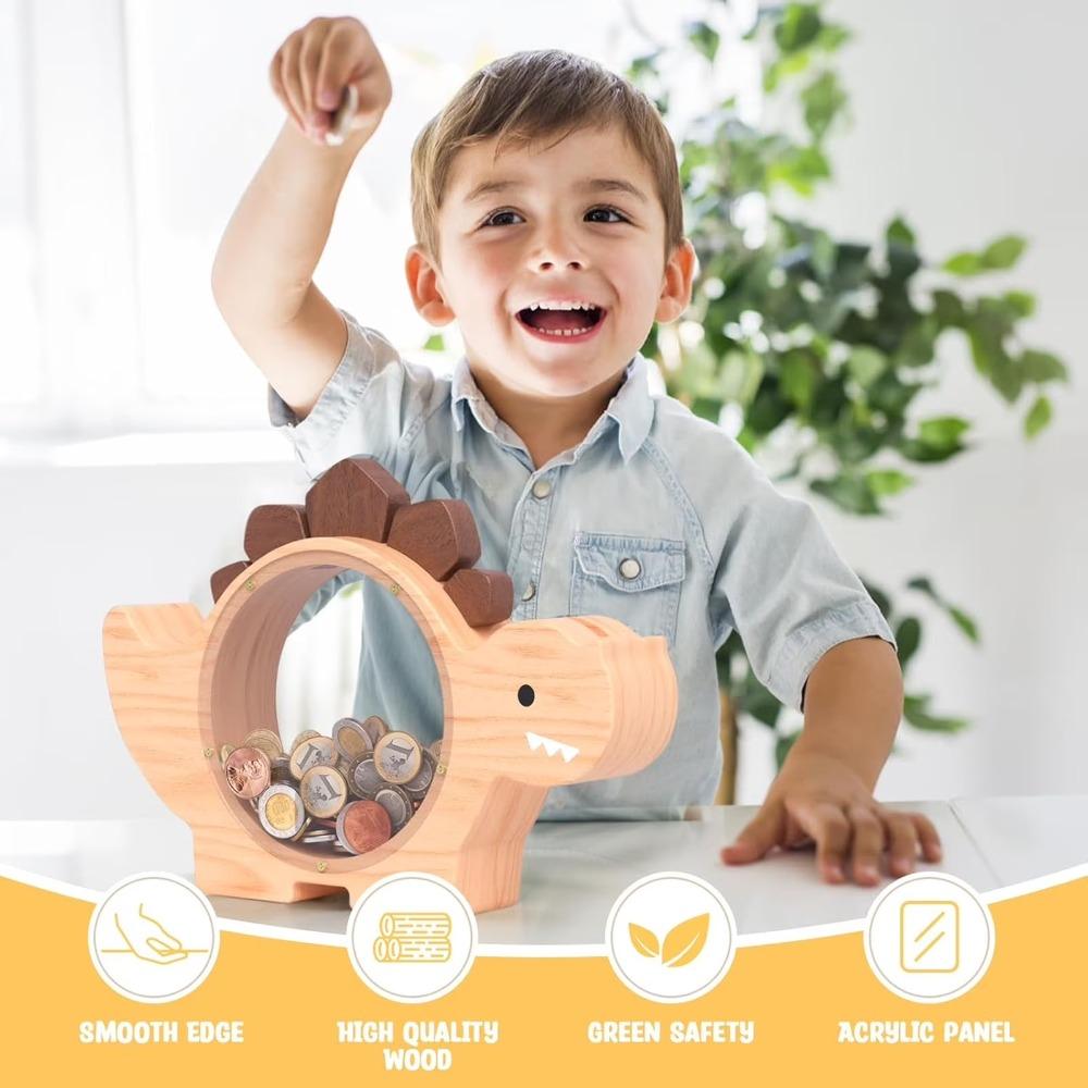 Wooden Dinosaur Piggy Bank for Kids Boys Cute Wood Dino Money Bank for Toddlers Saving Coin Jar Birthday Gift & Decor for Child