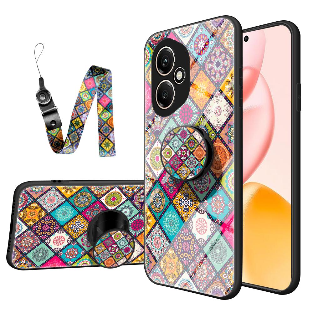 

For Honor 400 5G (Global) Case Kickstand Ethnic Pattern Tempered Glass Phone Cover with Strap B