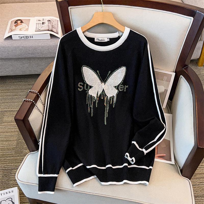 

Plus Size Women s Sweater: Bust 150/160 cm, Round Neck, Hot Drill, Loose Knitwear 8010 5XL чорний