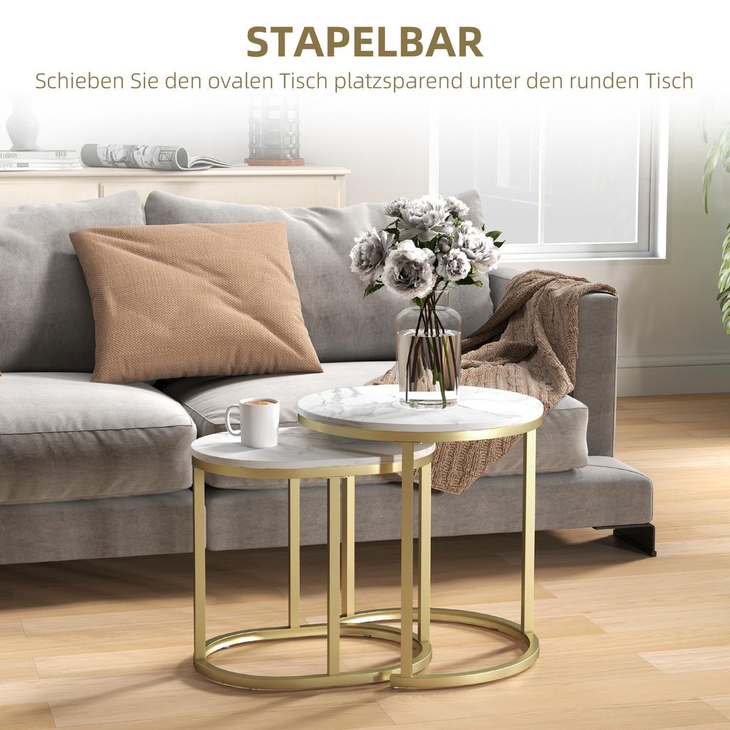 Tischset mit Stahlrahmen und Tischplatte aus Kunstmarmor, Modernes Kaffeetisch-Set aus 2 Teilen, Goldfarben/Weiß