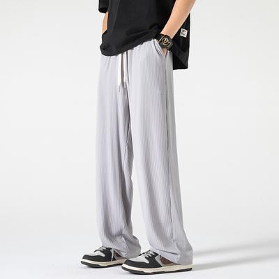 Men's Solid Color Ice Silk Casual Pants, Men's Summer New Loose Straight Tube Hanging Feeling Long Pants, Men's Sports Pants