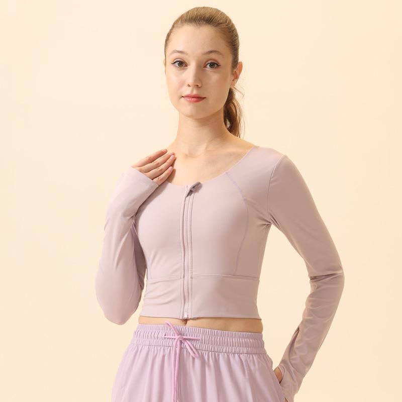 Damen Yoga Top mit Rückenausschnitt, langen Ärmeln, Frontreißverschluss und Brustpolstern - Schnelltrocknend, Enganliegend für Laufen und Fitness