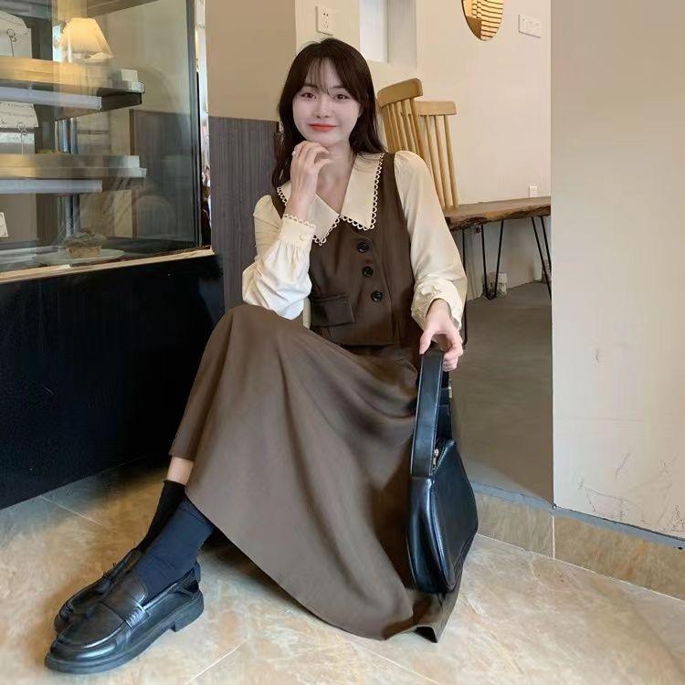 Doll Collar Vest Patchwork Fake Two Piece Dress Chubby Sister Looks Thin Artistic Style Long Skirt