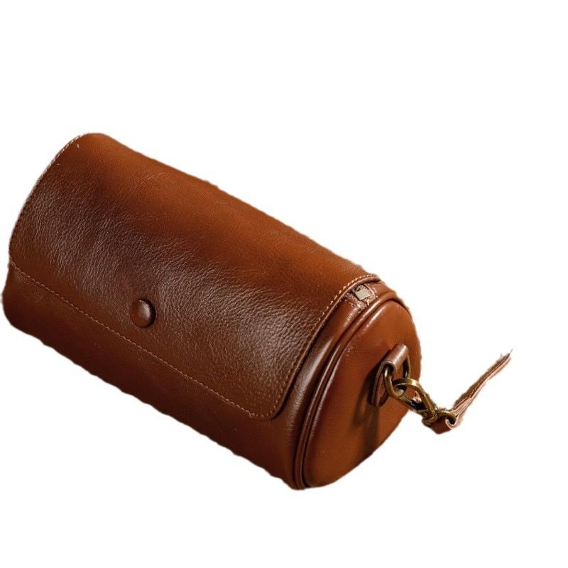 A Retro and Fashionable Single-shoulder Crossbody Bag Made of Leather, Charcoal Top Layer Leather Cylinder Bag