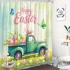 1pc Vintage Green Pickup Truck Easter Shower Curtain - Colorful Eggs & Butterflies, 'Happy Easter' Text, 70x70", Polyester