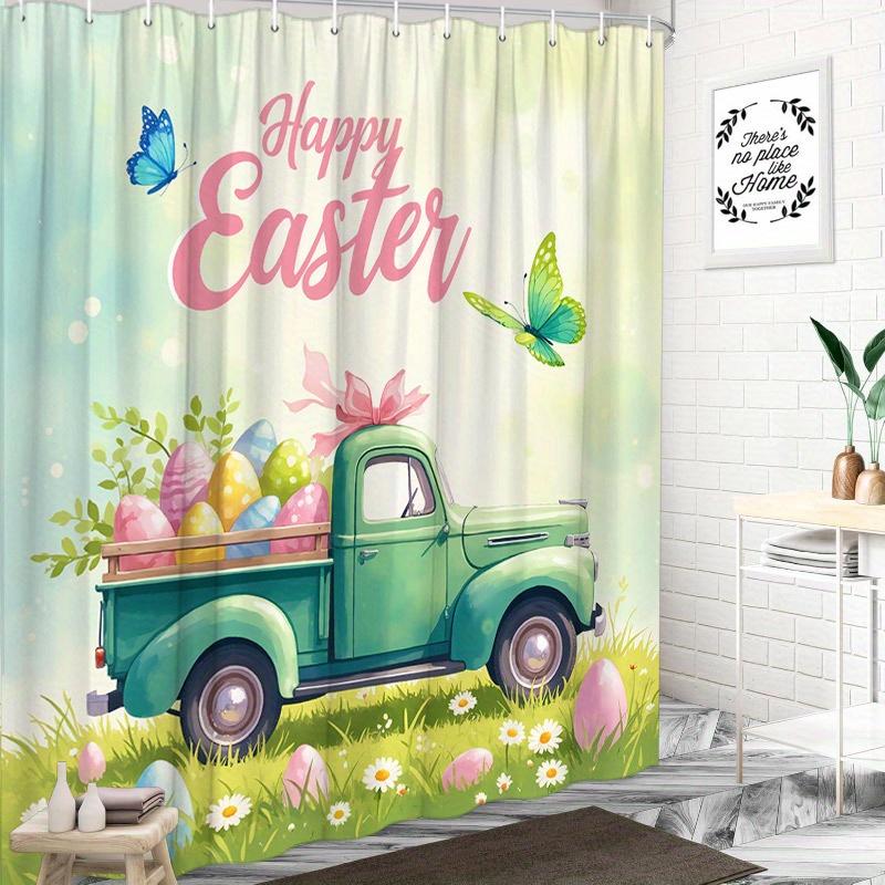 1pc Vintage Green Pickup Truck Easter Shower Curtain - Colorful Eggs & Butterflies, 'Happy Easter' Text, 70x70", Polyester